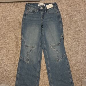 Hollister Pre-teen Womens Blue Star-Stitch Wide-Leg Jeans Size 000